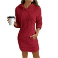 thumbnail image 2 of Women's Hoodie Dress Sweatshirt Dress Long Sleeve Pullover Hooded Plush Fleece with Drawstring Pocket for Winter Loungewear,Red,L, 2 of 7