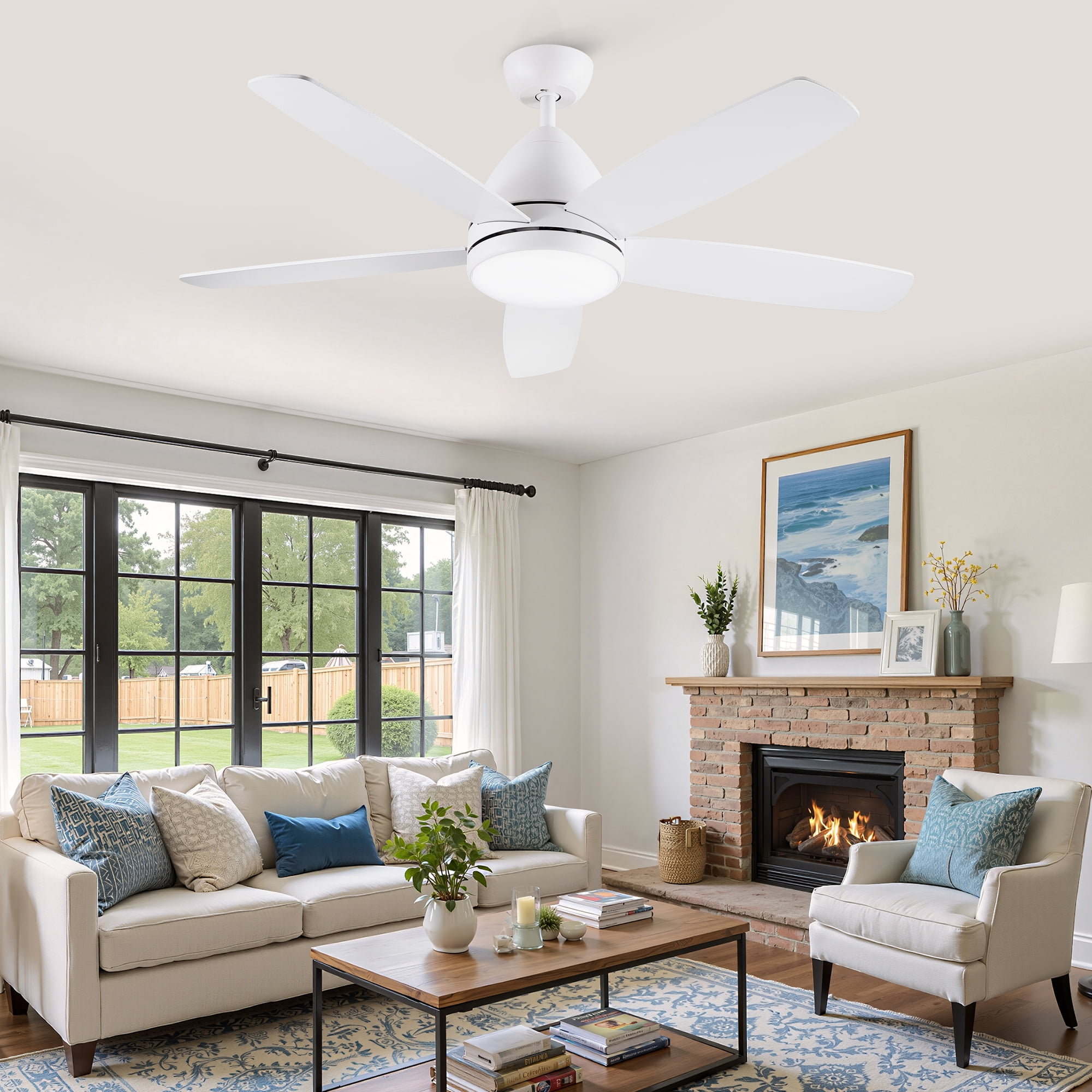 Leumius 52" White Ceiling Fan with Intergrated LED Light Kit, Remote Control, 5 Plywood Blades and Work with Smart APP for Living Room Bedroom