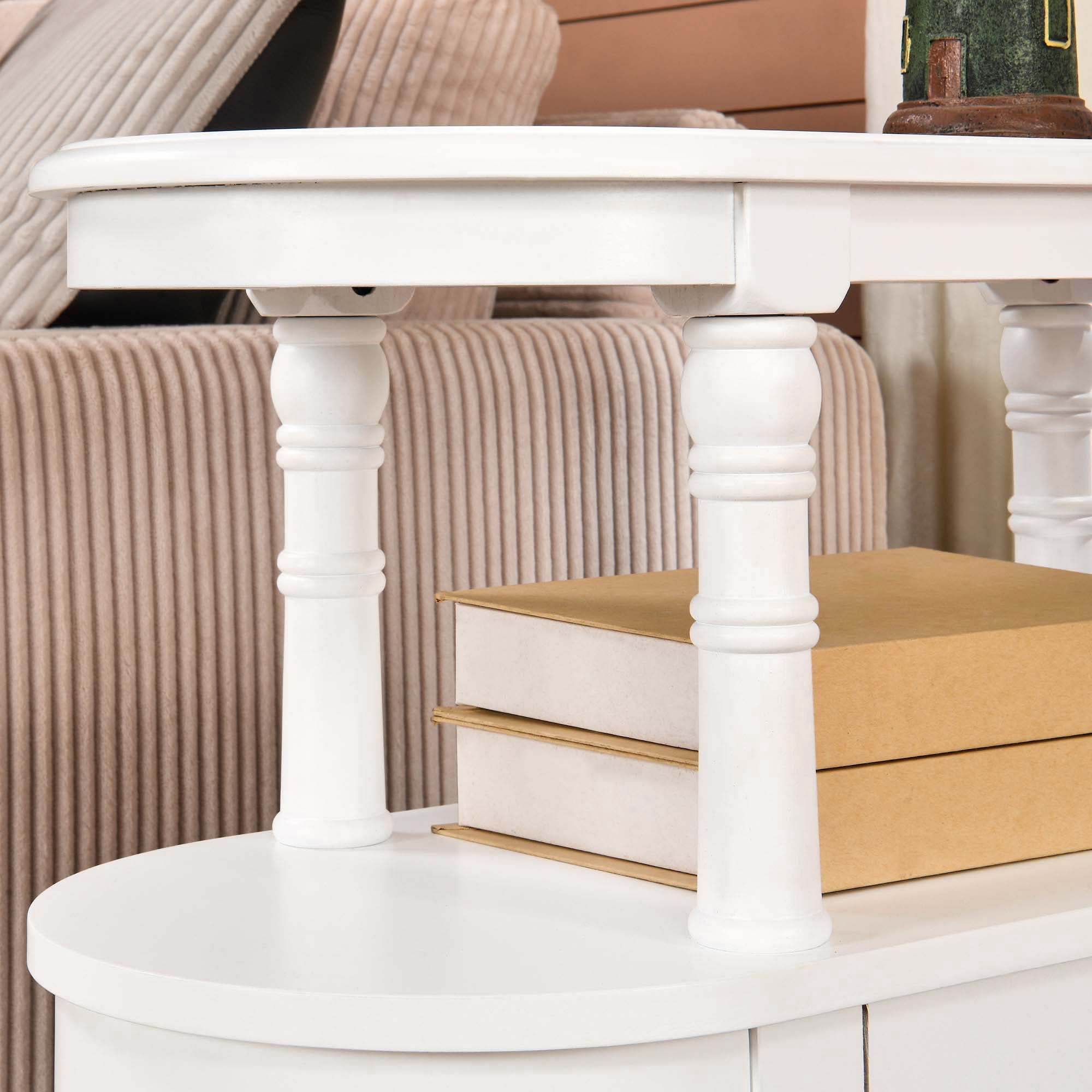 Solid Wood End Table with 2 Drawers, Narrow Sofa Side Table Slim Chair Side Table with Storage Shelf, Vintage Slim Nightstand Bedside Table (White)
