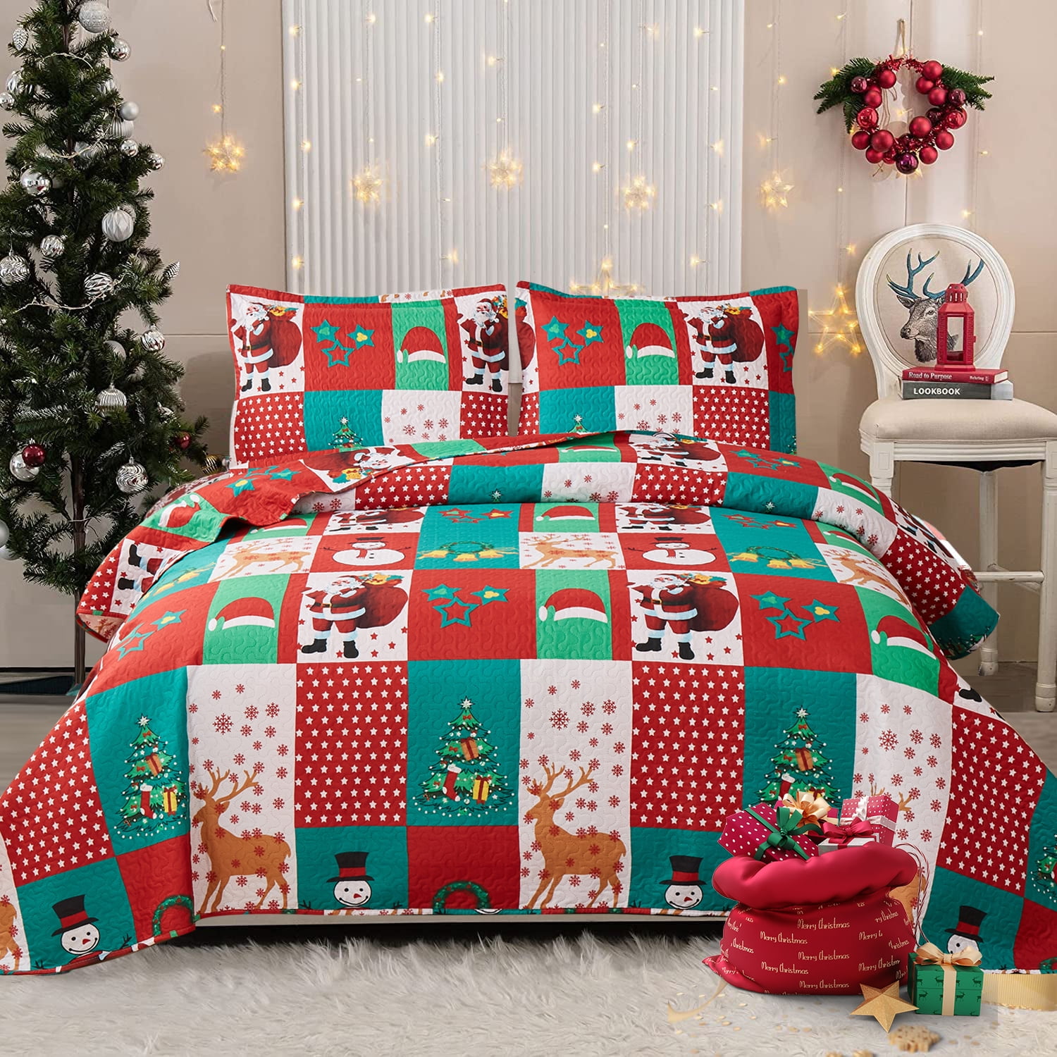 Green Essen Christmas Quilts Twin Size Red Santa Claus Bedding Set