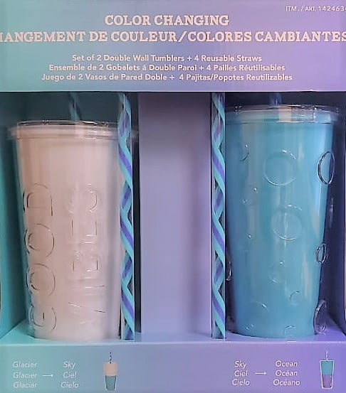 2 Parker Lane Color Changing 22 oz Cup Insulated Tumbler Set Sky/Ocean NIB