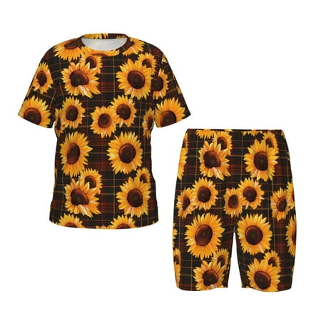 Luyuia Red Black Plaid Sunflower Print Girls  2-Piece Tie-Dye Pajama Set  Cute Summer Loungewear with Shirt and Tank Shorts Nightwear-X-Large