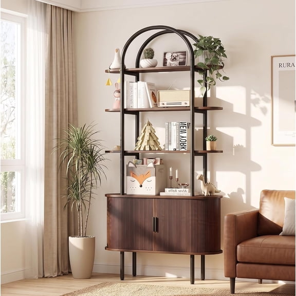 71" Tall Arched Bookshelf with Sliding Tambour Doors, Walnut | Mid Century Modern Curved Iron Frame Bookcase, 4-Tier Storage Display Shelving for Living Room/Bedroom/Home Office