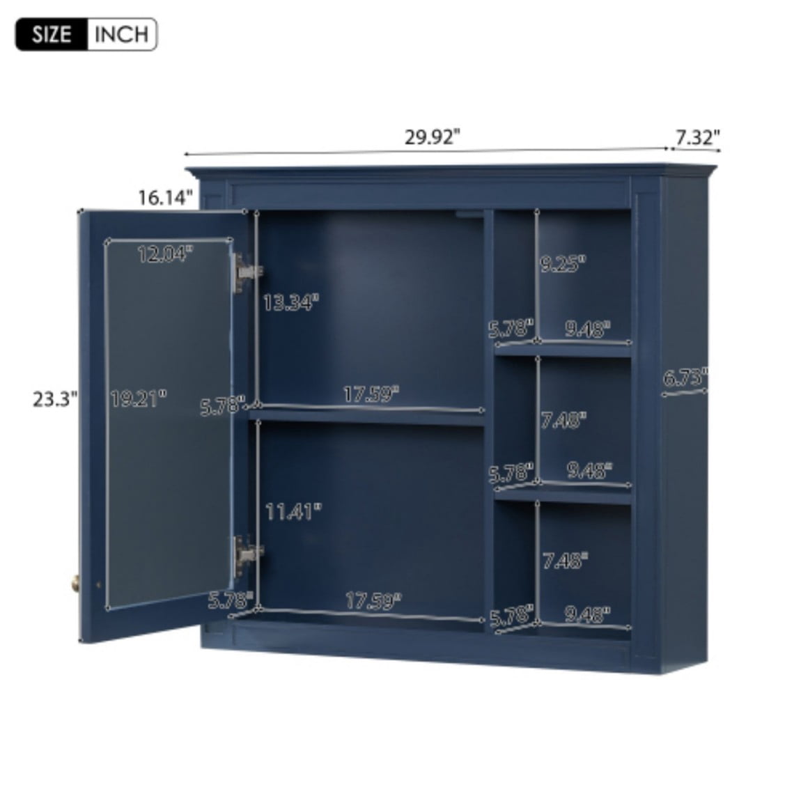 30"x 28" Wall Mounted Bathroom Medicine Cabinet with Mirror, Bathroom Storage Cabinet with Adjustable Shelf & 3 Open Shelves, Modern MDF Mirror Cabinet, Navy Blue