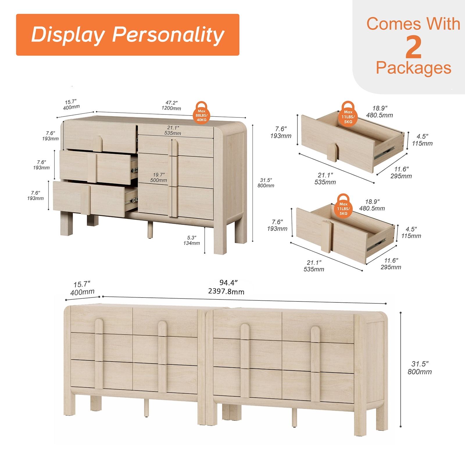 Mid Century 6 Drawer Dresser Set of 2, 47.2" Modern Chest of Drawers with Storage, Curved Profile Wood Double Dresser for Bedroom, Living Room, Hallway