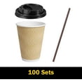 thumbnail image 4 of 12oz 100 Packs Insulated Kraft Ripple Wall Disposable Paper Coffee Cups for Office Parties Home Travel Corrugated Sleeve Hot Drink Coffee Cups with Lids & Straws, 4 of 7