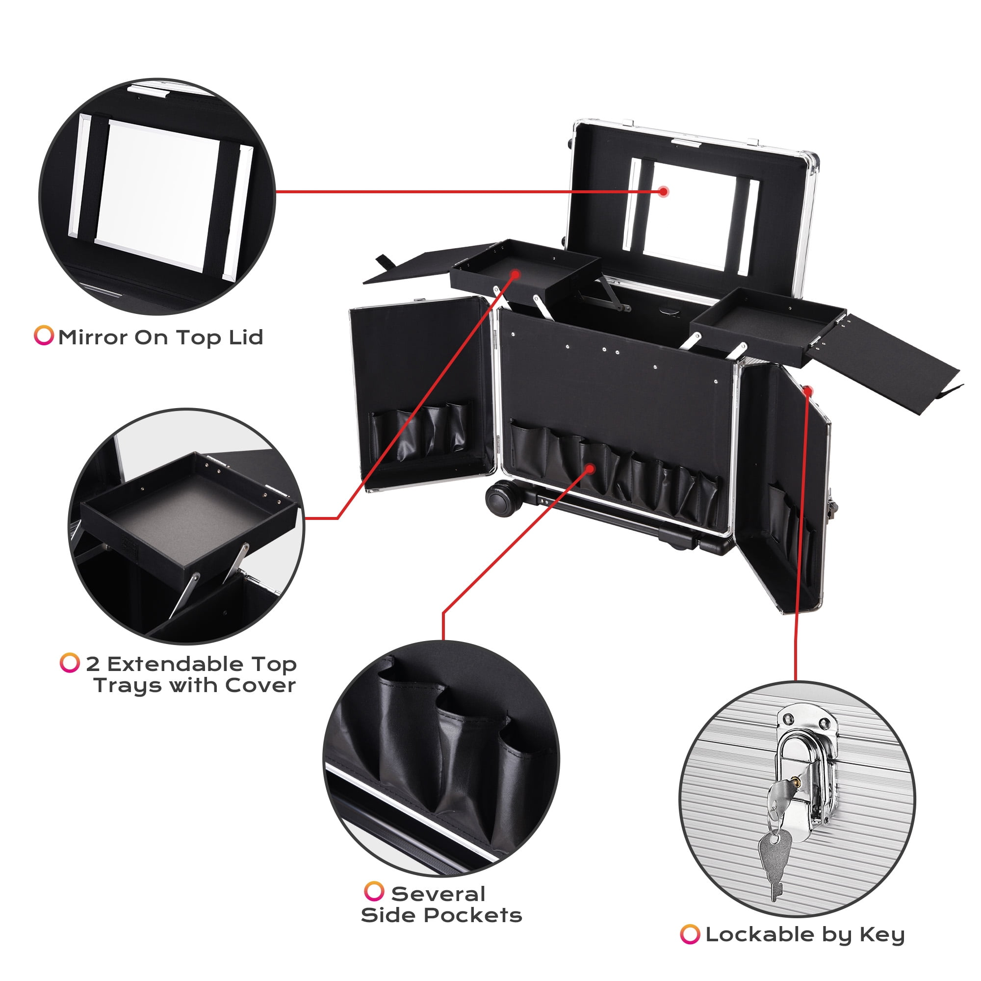 Byootique 16x9x15" Aluminum Rolling Makeup Case Trolley Clipper Trimmer Barber Tool Lock Box Hair Salon Stylist Train Key