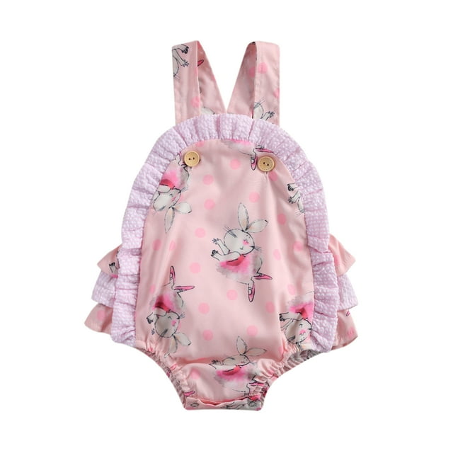 ITFABS Baby's Girl Casual Romper, Toddler's Rabbit Print Pleats Ruffle Romper