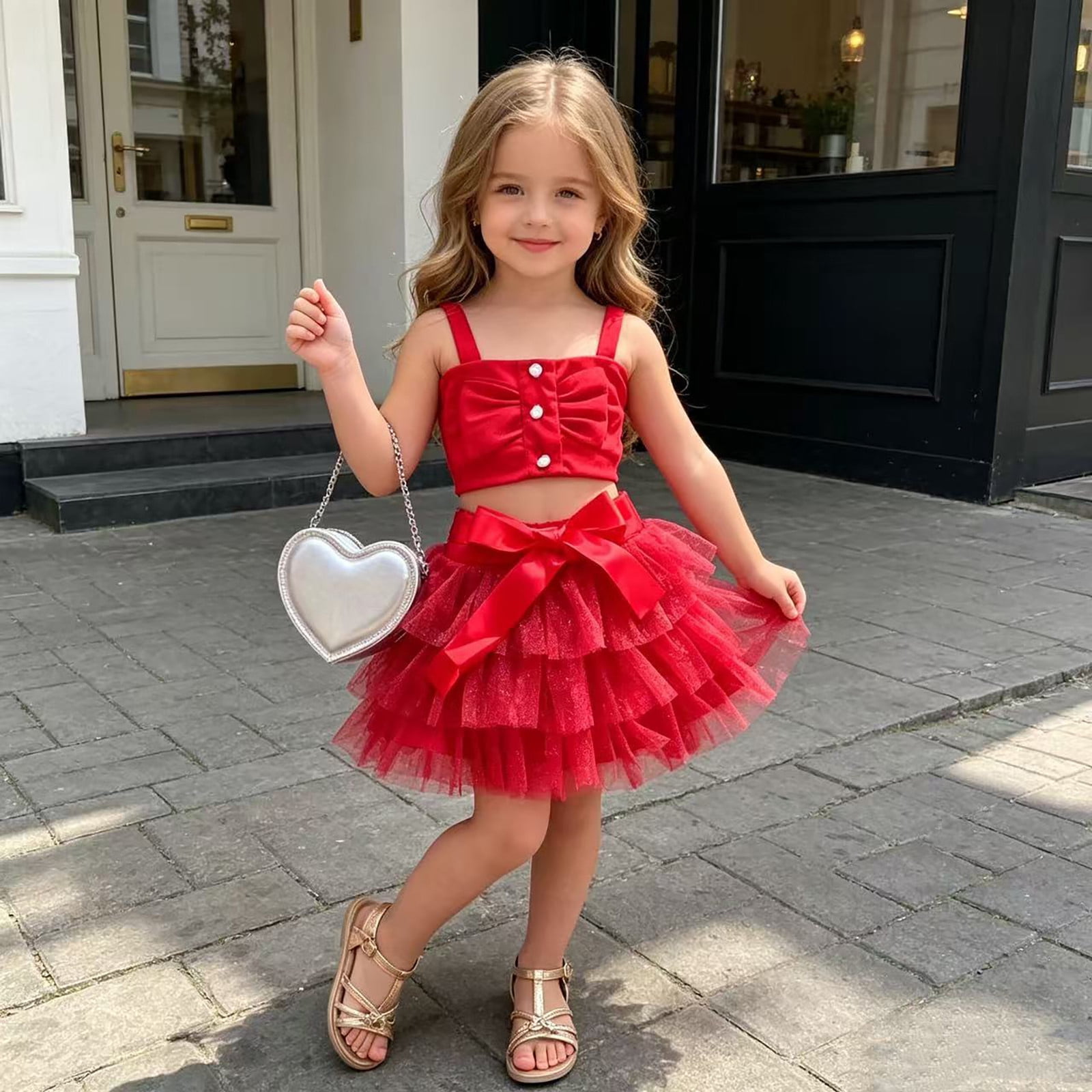 トップス KILIG tulle vest kids red FINALGANG Toddler Girls Square Neck Big Bow Pearl Strap Crop Top