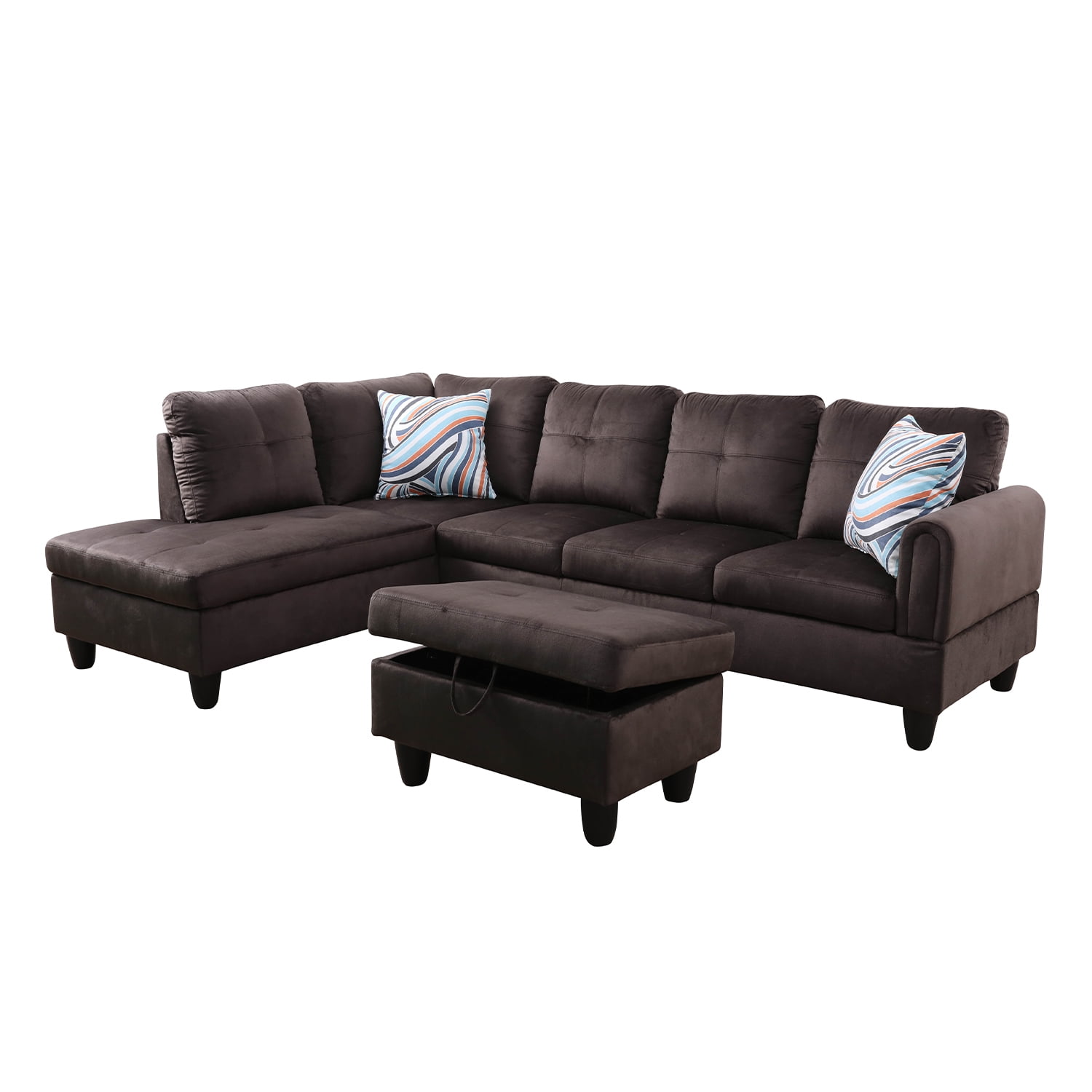 Hommoo Flannel 4-Seat Couch Sofa Set, L Shaped Couch Living Room Sofa Set, Sectional Sofa for Home, Apartment, Dorm, Dark Brown(Without Ottoman)