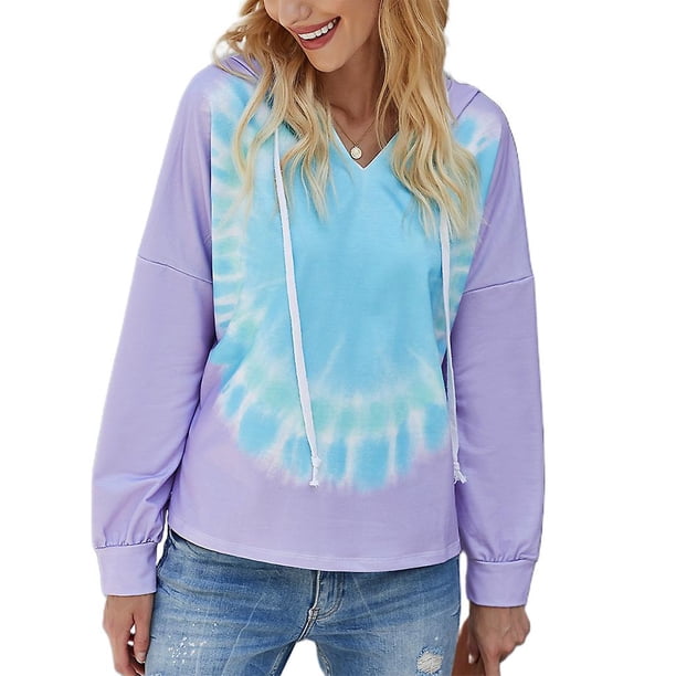 M Sudaderas con capucha de manga larga con cordón para mujer, suéter holgado con estampado Tie-dye y bloques de color, sudadera deportiva informal ligera con cuello en V, ropa de