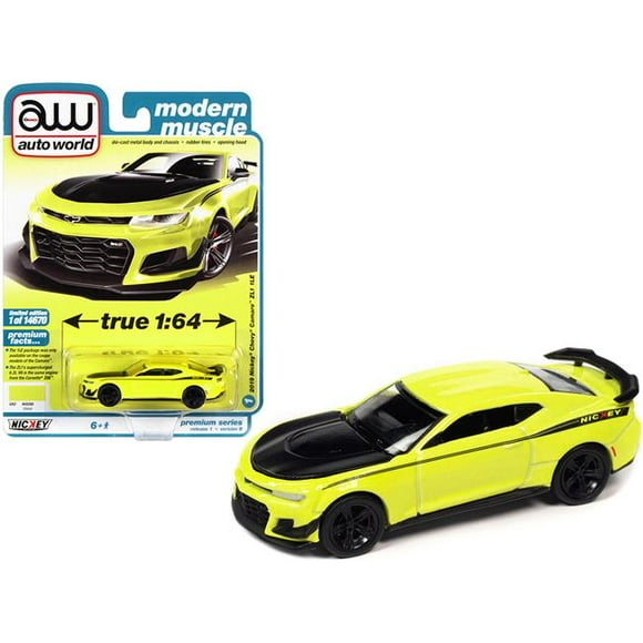 Autoworld 64352-AWSP094B 3 in. 1-64 Scale Diecast 2019 Chevrolet Camaro Nickey Zl1 1le Shock Hood & Stripe Modern Muscle Limited Edition to Worldwide Model Car, Matte Black & Yellow - 14670 Piece