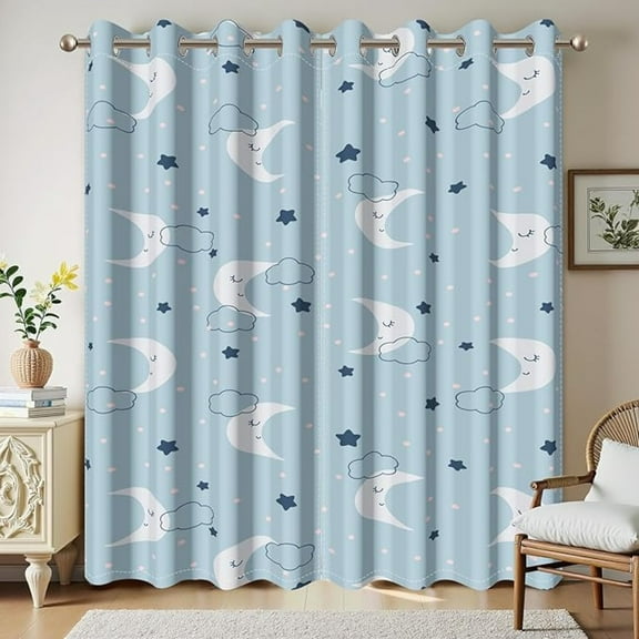 Blue Blackout Thermal Insulated Curtains, Cartoon Moon Clouds Stars Cute Space Painted Window Treatments For Kids Baby Bedroom Nursery Living Room Decor 26"W x 45"L (Pack of 2)