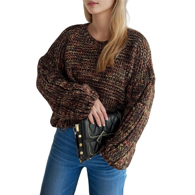 Suéter Grueso de Punto Informal de Estilo Vintage Multicolor con Patchwork Marrón S