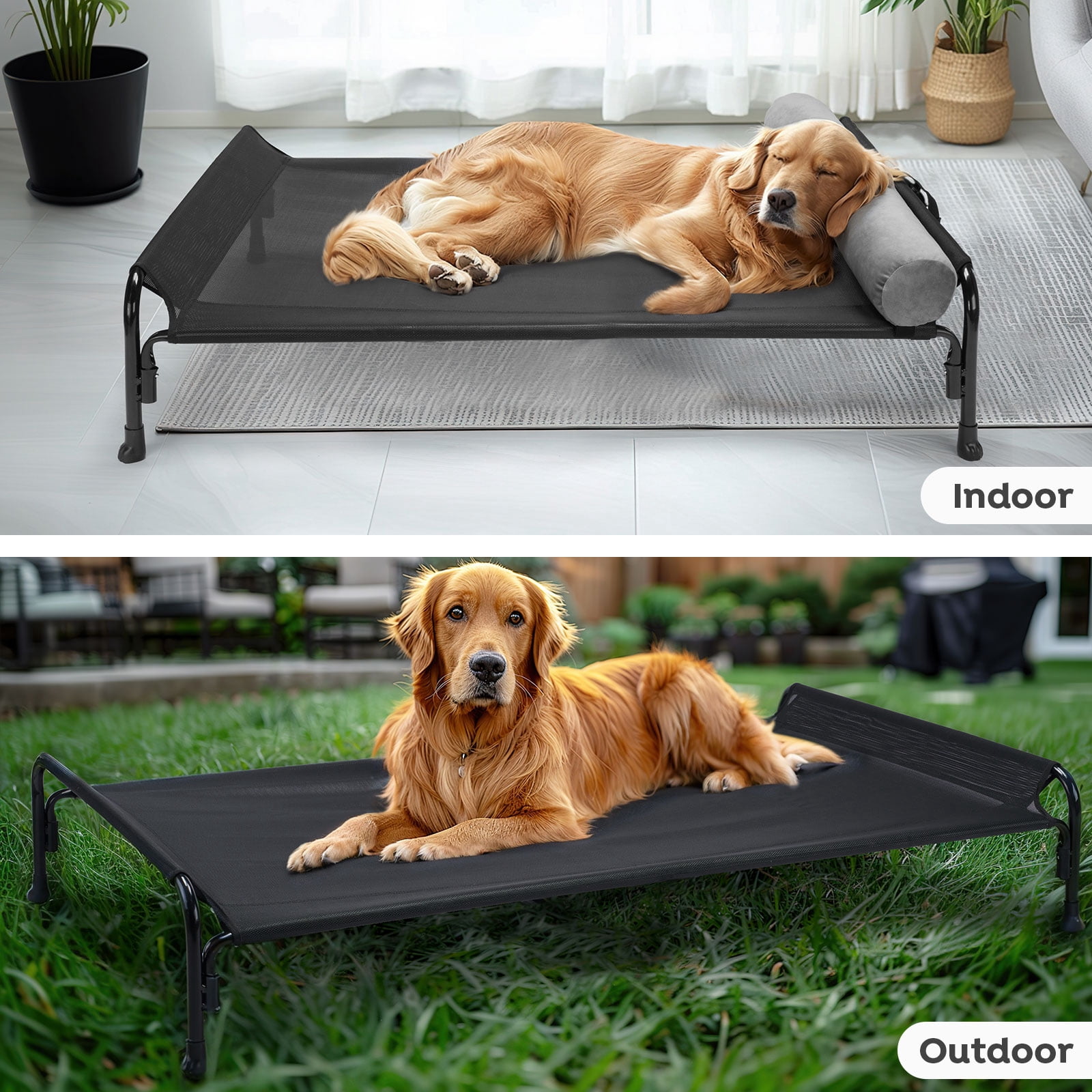 Veehoo Cooling Elevated Dog Bed, Pet Cot with One-Sided Removable Headrest Bolster, X-Large, Black