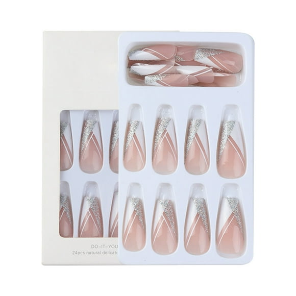 White Line Press On Nails Silver Glitter French False Nail Tips 24 Pieces Finished Product Nail Stickers
