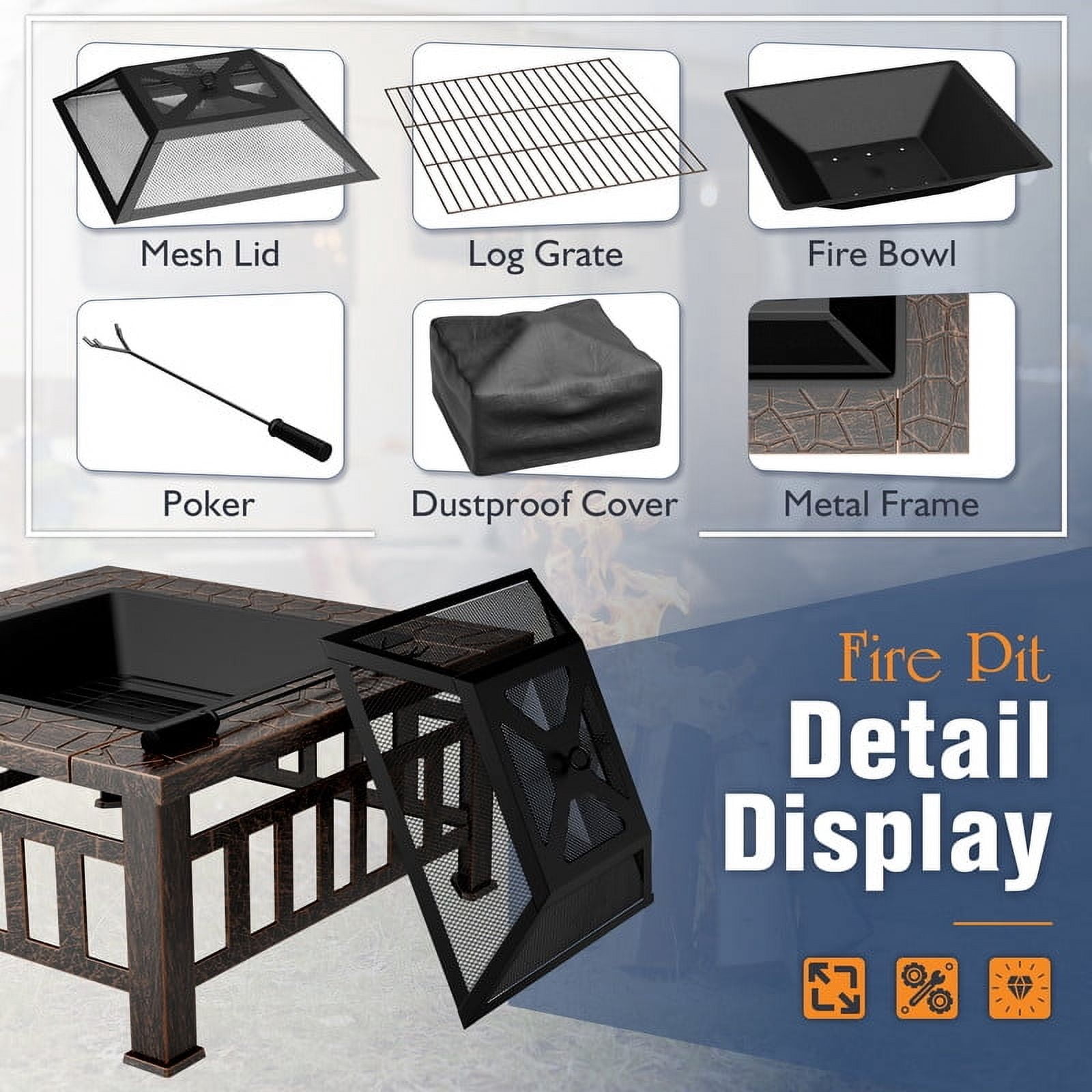 Devoko Outdoor 32" Square Metal Fire Pit with Cover and Poker, Brown