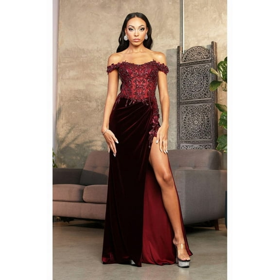 Royal Queen RQ8085 Juniors Womens Off-Shoulder Sheer Bodice Gala Long Gown