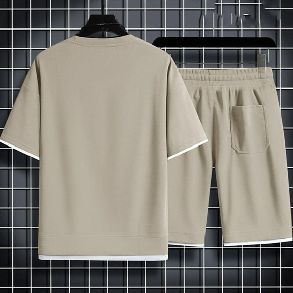 PEASKJP Mens Short Outfits Mens Short Sets 2 Piece Outfits Fashion Summer Tracksuits Casual Shirt and Shorts Set (Beige,XL)