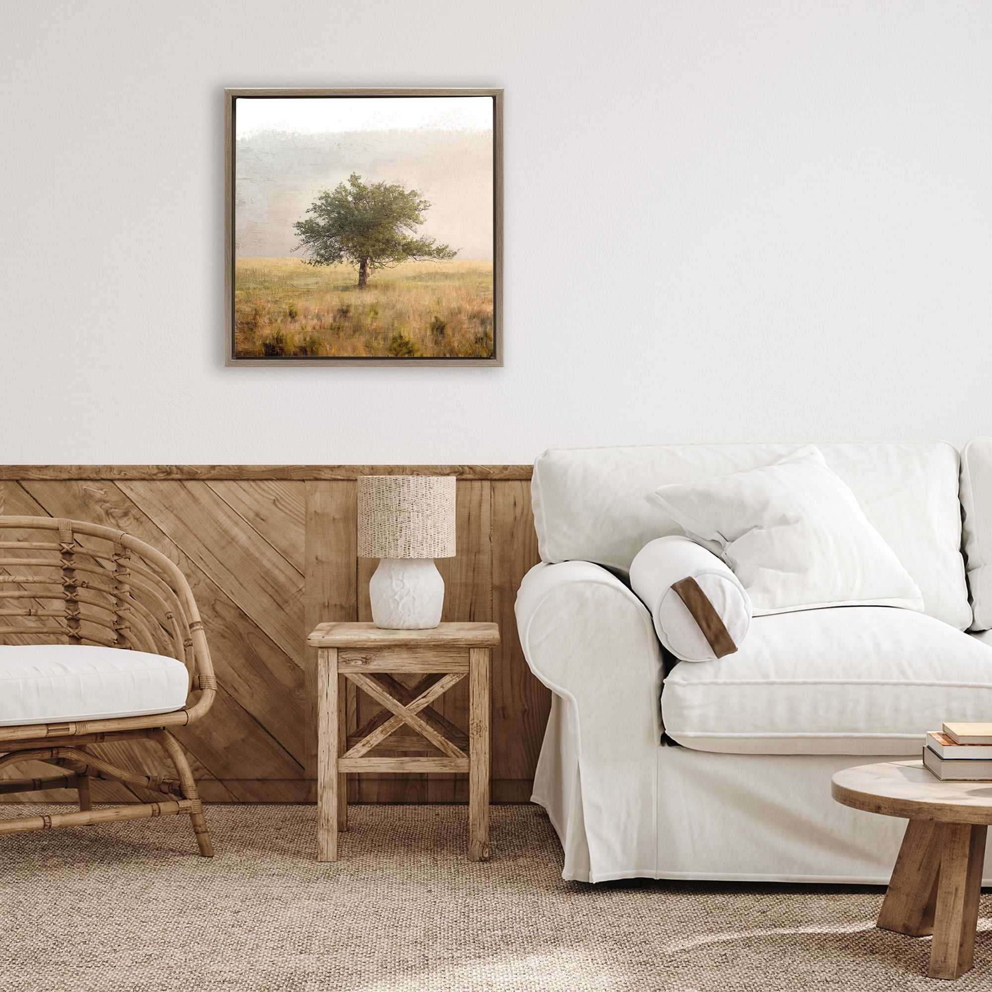 Stupell Industries Tree Alone in Golden Field Brown Framed Floater Canvas Wall Art, design by Anne Bailey