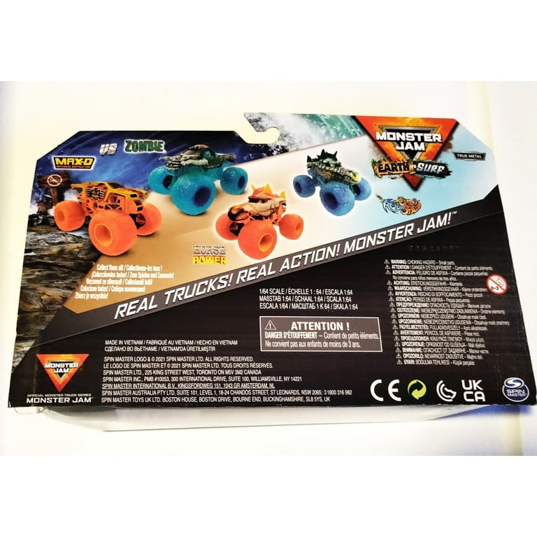 Monster Jam, 2 Pack Monster Truck, Max-D Earth Vs Surf + Zombie