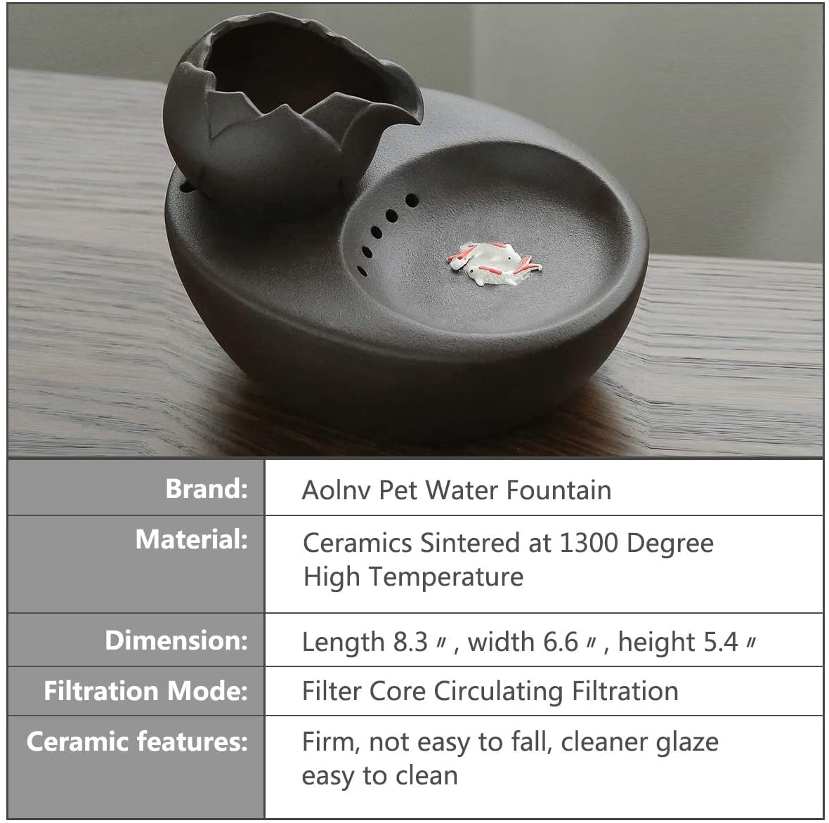 Walbest Lotus Cat Water Fountain, Automatic Ceramic Drinking Fountain for Pets, 8.1" x 6.6" x 5.4" Water Capacity (Black)