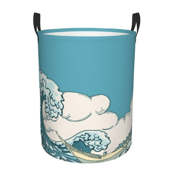 DouZhe Waterproof Collapsible Large Laundry Baskets, Big Ocean Sea Japanese Wave Prints Circular Hamper with Handles
