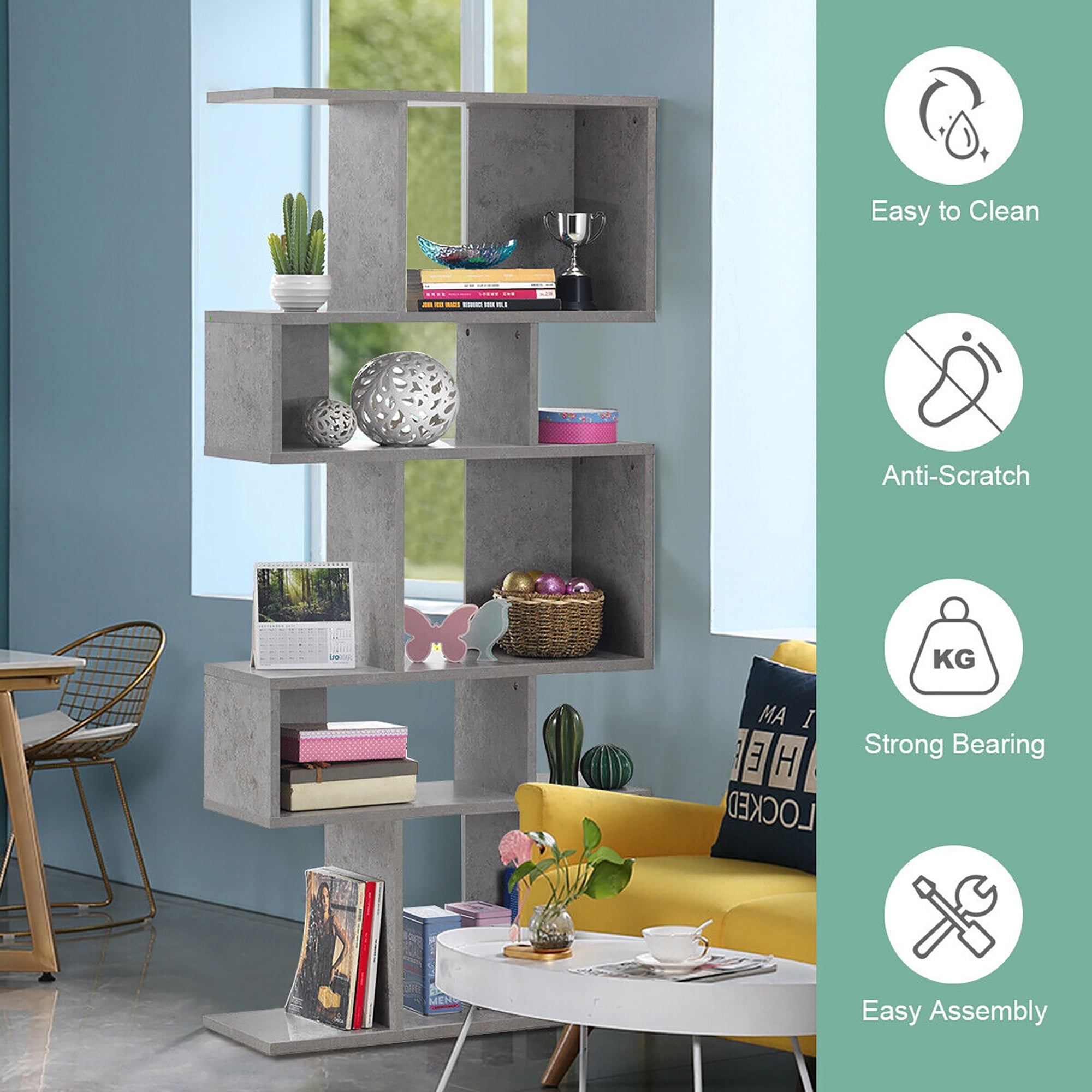 Gymax 2 PCS 5 Cubes Ladder Shelf Freestanding Bookshelf Display Rack Bookcase Grey