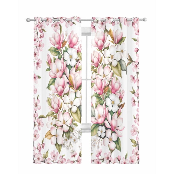 Spring Floral Sheer Curtains 84 Inch Length 2 Panels Set for Living Room/Bedroom, Retro Pink Orchid Flowers Leaves Botanical Kitchen Curtains Grommet Semi-Sheer Curtains Window Treatments 42"x84"x2