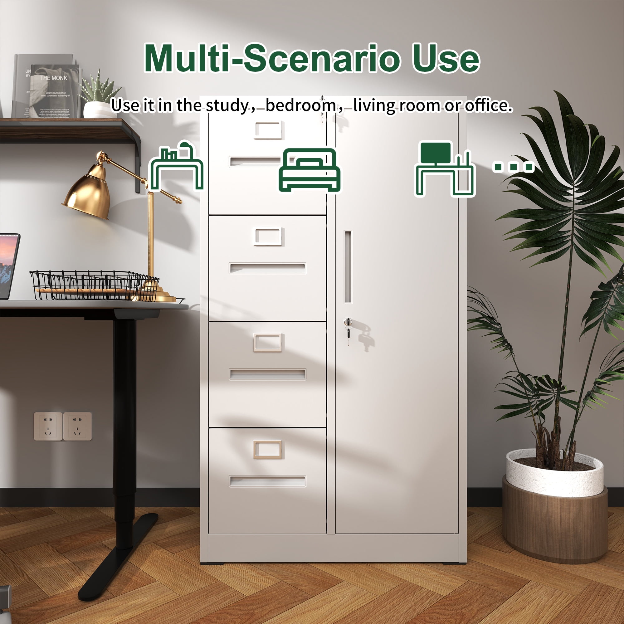 Metal Storage Vertical Filing Cabinet with Lock, Steel File Locker with 4 Drawers and 1 door for School, Living Room, Bedroom, Office (White)