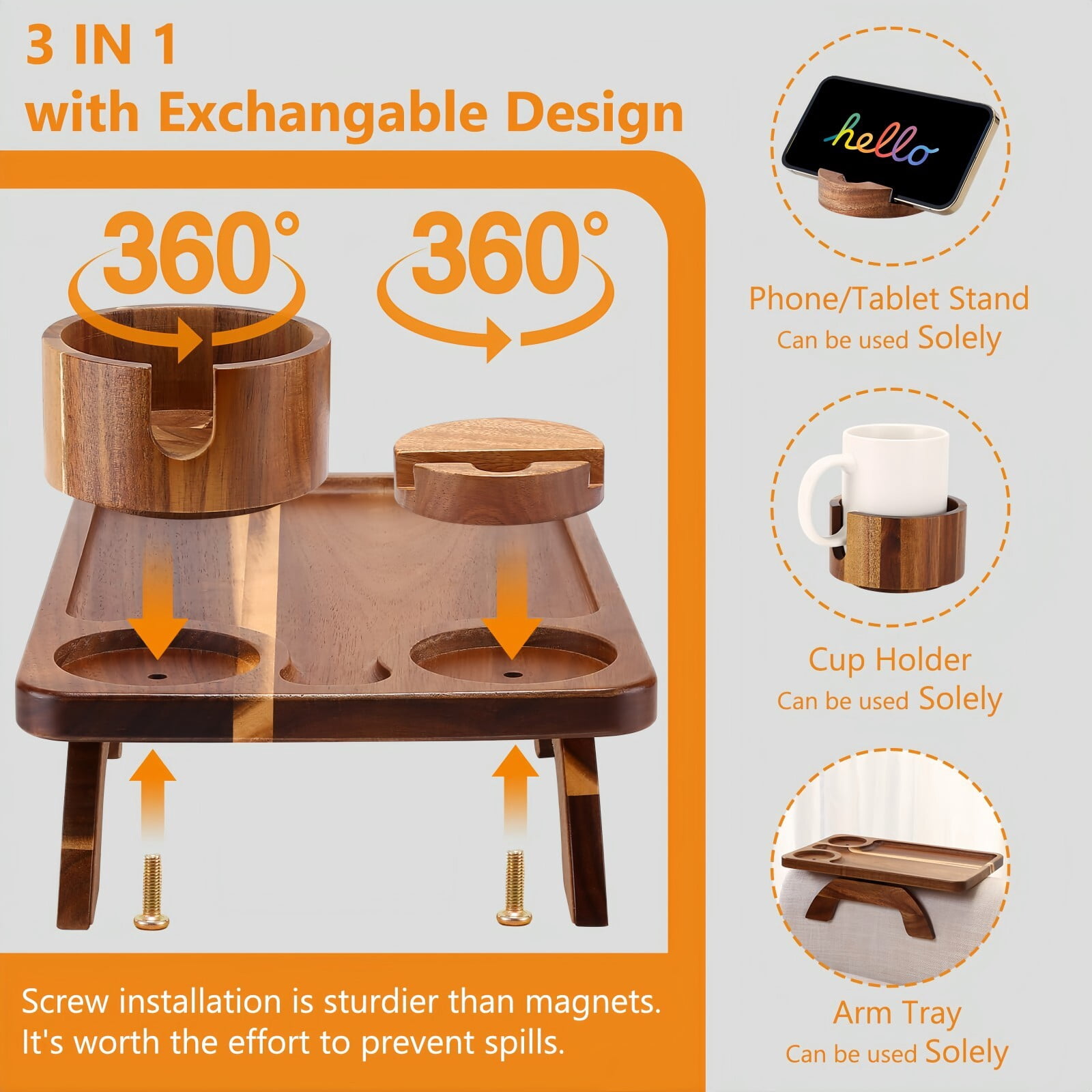 Kelno Couch Armrest Tray 3 in 1 Sofa Arm Tray Table with Swivel Cup Holder Phone Stand, Acacia