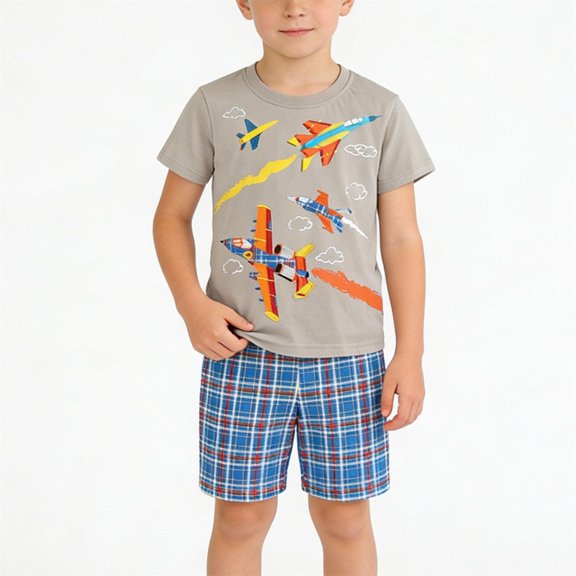 Amidoa Boys Summer 2 Piece Outfits Cute Printed Cotton Short Sleeve and Elastic Waist Casual Short Kids Clothing Set Gray Size 3T