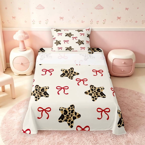 Manfei Cute Leopard Stars Print Twin Sheets,Cartoon Red Bows Bedding,3-Piece,1 Flat Sheet,1 Fitted Sheet and 1 Pillowcase