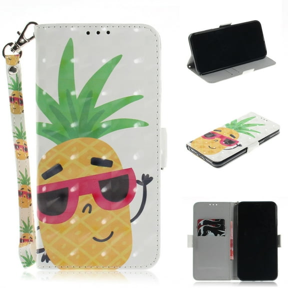 iPhone XR Case, iPhone XR 2018 Case, Allytech 3D PU Leather Protective Cover & Pocket Lanyard Wallet with Cards Holder, Support Kickstand Slim Case for Apple iPhone XR （6.1"), Pineapple