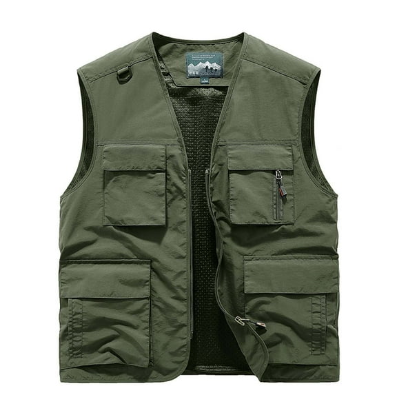 HOOMEUMY Mens Cargo Vest Fashion 2025 Trendy Classic Solid Coat Standing Collar Jacket Pocket Design Casual Workout Sleeveless Clothes Green XXXL