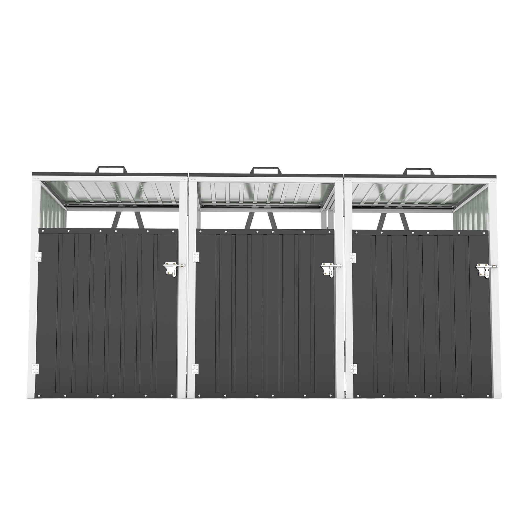 Outdoor Trash Can Storage Shed, 120 Cu.Ft Metal Garbage Bin Storage Shed with Lockable Doors, Waterproof Horizontal Storage Cabinet for 3 Trash Bins, Dark Grey