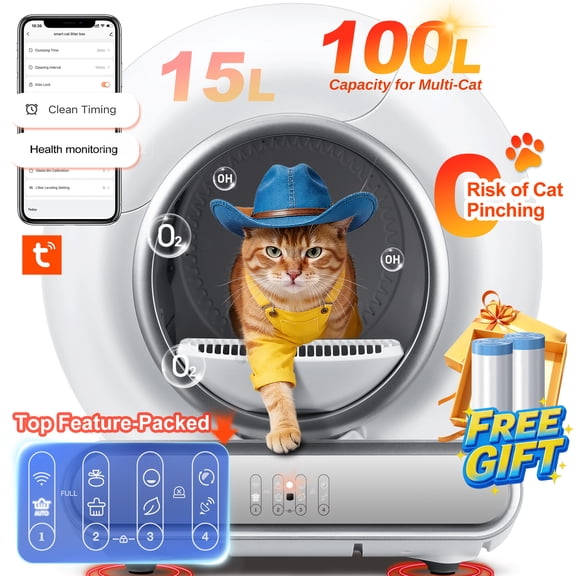 Self Cleaning Cat Litter Box, Automatic Litter Box w/ Liner, Dual Sensor Protection for Multi Cat, APP Panel Control, Odor Removal, Health Monitoring, Large Capacity Litter Box