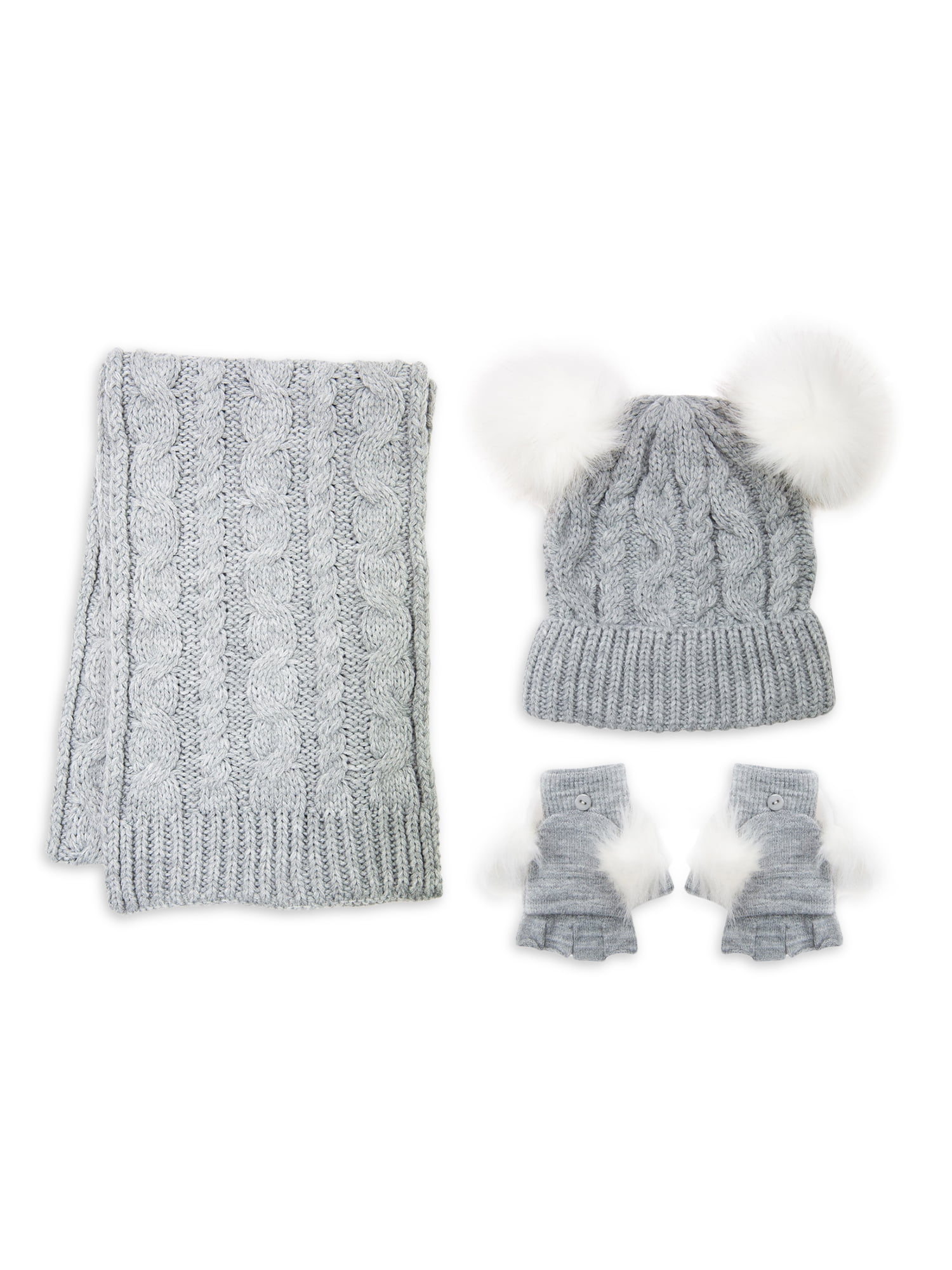 Girls Cable Knit Beanie Hat with Poms and Flip Top Glove and Scarf, 3-Piece Set, One Size - Walmart.com