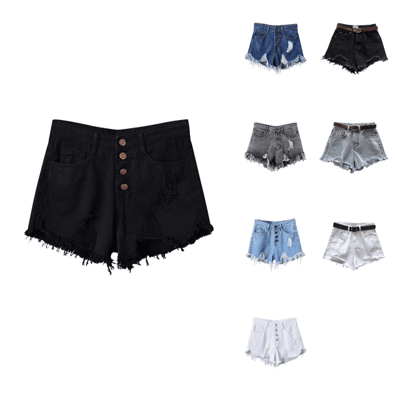 Ahuyic Womens Shorts,Plus Size Pants for Women,Womens Solid Color High Waisted Denim Shorts With Frayed Edges,White,M