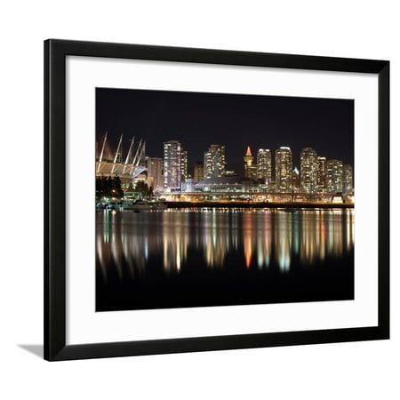 Stadium with Buildings Lit Up at Night, BC Place, False Creek, Vancouver, British Columbia, Canada Framed Print Wall Art