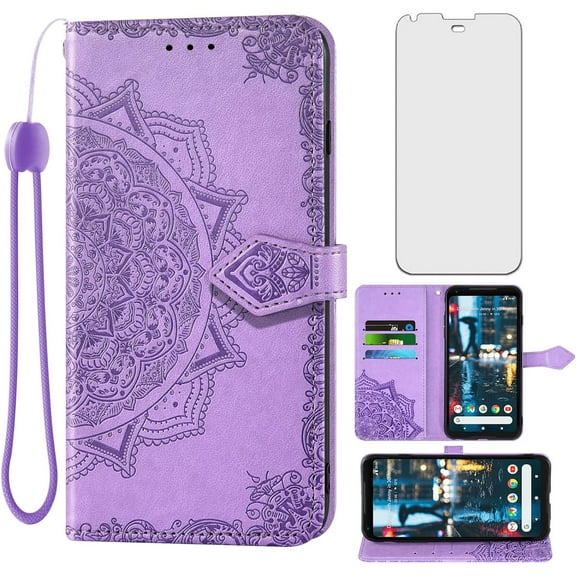 Compatible with Google Pixel 2XL Wallet Case and Tempered Glass Screen Protector Leather Mandala Flower Flip Cover Card Holder Stand Cell Phone Cases for Pixle 2 XL Pixel2XL Pixel2 LX Women Men Purple