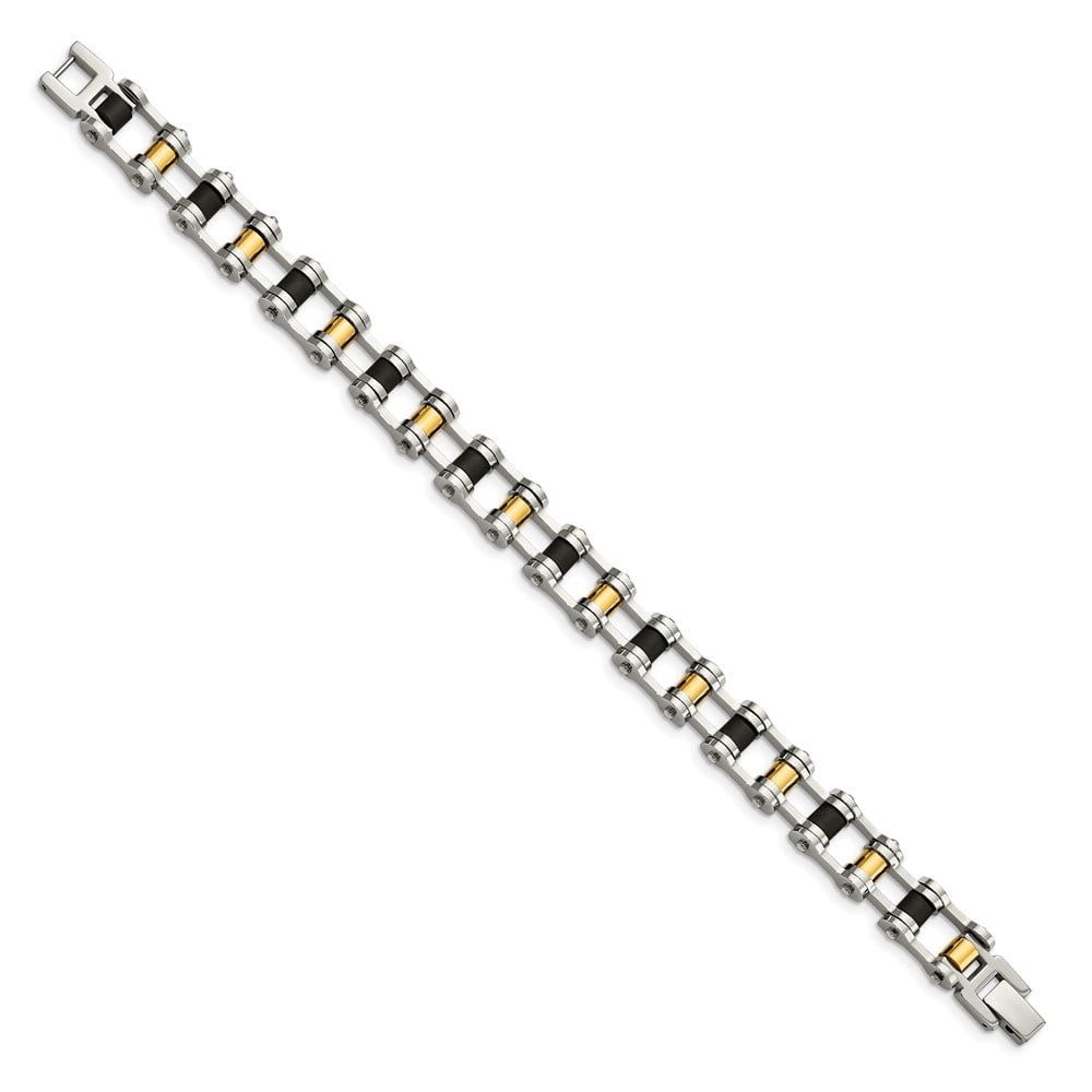 Diamond2Deal Stainless Steel Polished Yellow IP-Plated with Black Rubber Bracelet for Men 8.75"