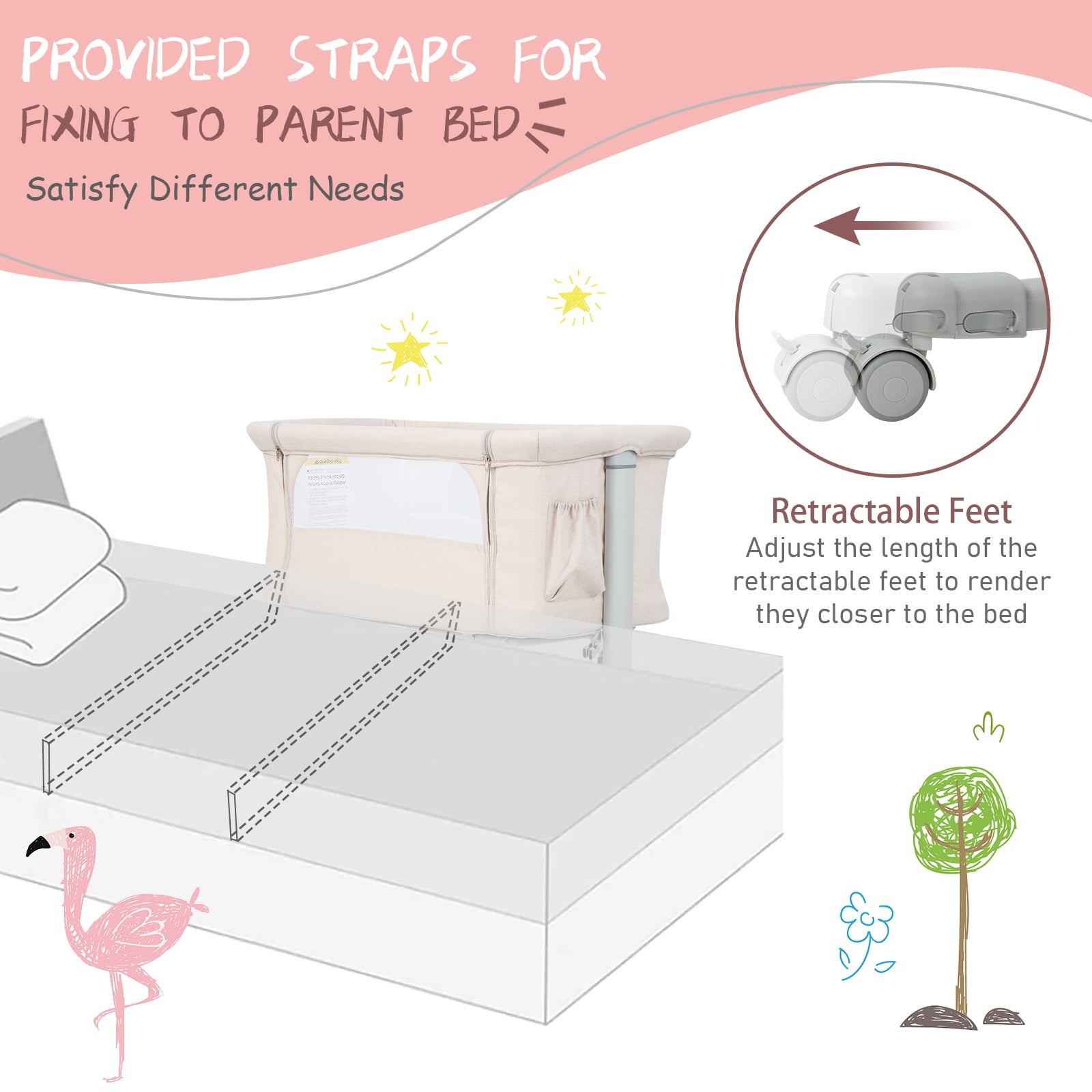 Babyjoy 3-in-1 Baby Bassinet Beside Sleeper Crib with 5-Level Adjustable Heights Beige