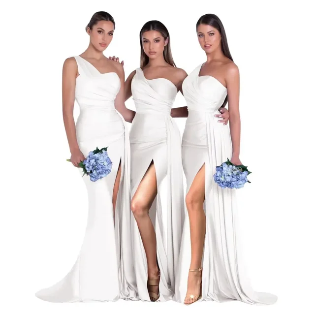 Vestido de dama de honor personalizado de un hombro para mujer, vestido de fiesta de sirena de satén plisado, vestidos de noche de fiesta de boda con abertura lateral larga