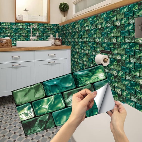 6Pcs Self Adhesive Tiles Stickers Wall Decals 11.8"x5.9" Vinyl Mosaic Green Marbling Brick Peel and Stick Backsplash for Kitchen Bathroom