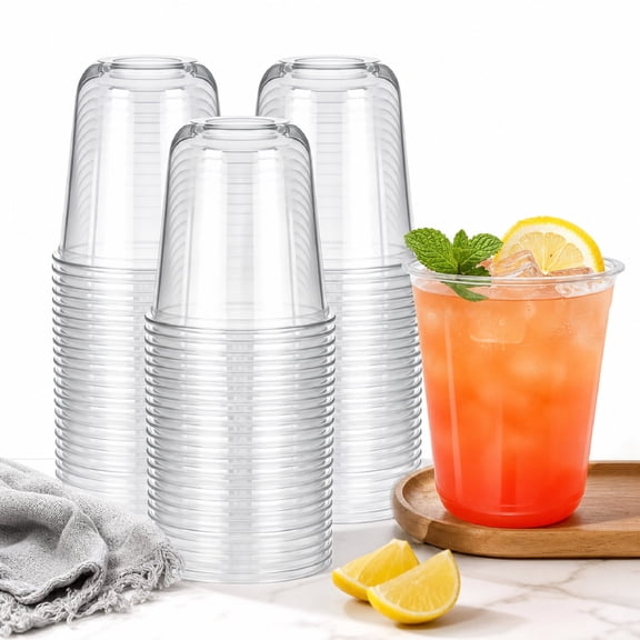 Disposable Plastic Cups 50 Pack, 12 oz Clear Round Bottom Stemless Wine Cocktail Glasses for Party