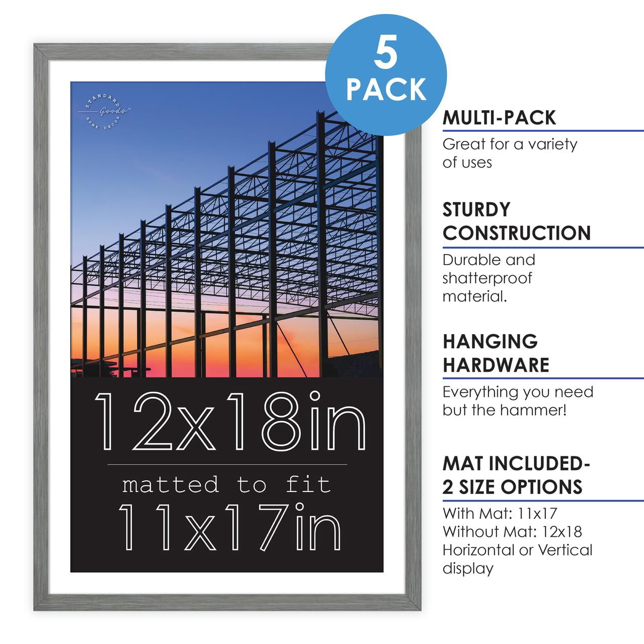 Standard Goods Home Décor 12x18 Matted to 11x17 Grey Linear Picture Frame, 5-Pack for Wall Display.