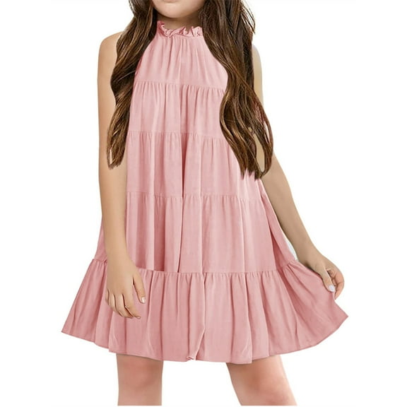 Langwyqu Sleeveless Loose Girls Solid Halter Sundress Ruffle Dress For 5-14 Y