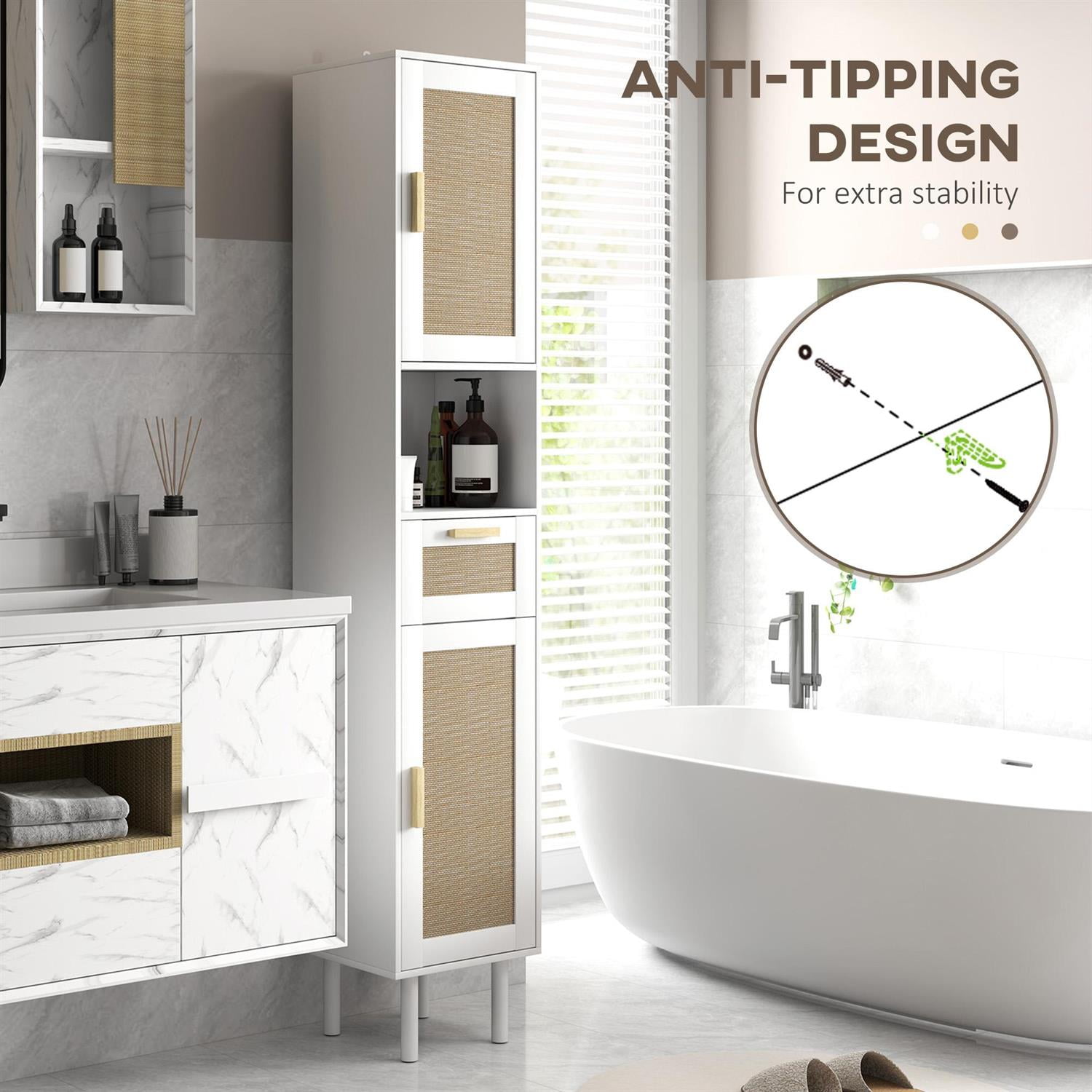 Demi Bonn 66" Tall Bathroom Storage Cabinet with Rattan Door, Adjustable Shelves for Modern Spaces, White