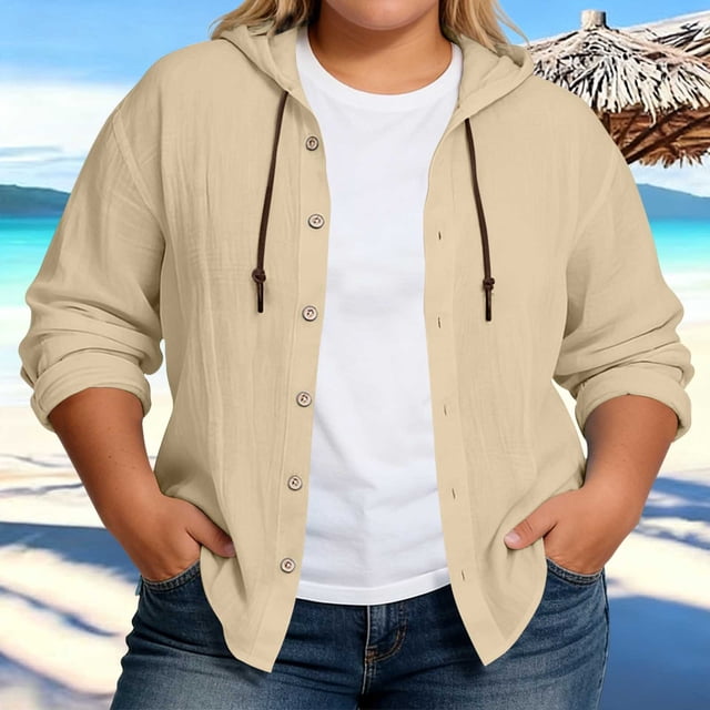 TaTaai Womens Plus Size Long Sleeve Hooded Top Cotton Linen Style Button Front Drawstring Casual Overshirt Loose Fit Gift